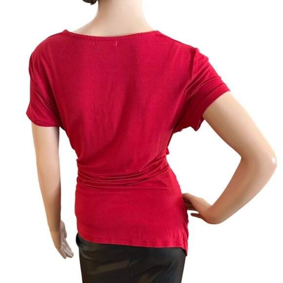 Zeagoo Womens Size Large Top Red Ruched Faux Wrap V-Neck Blouse Bodycon Stretch - Picture 7 of 7